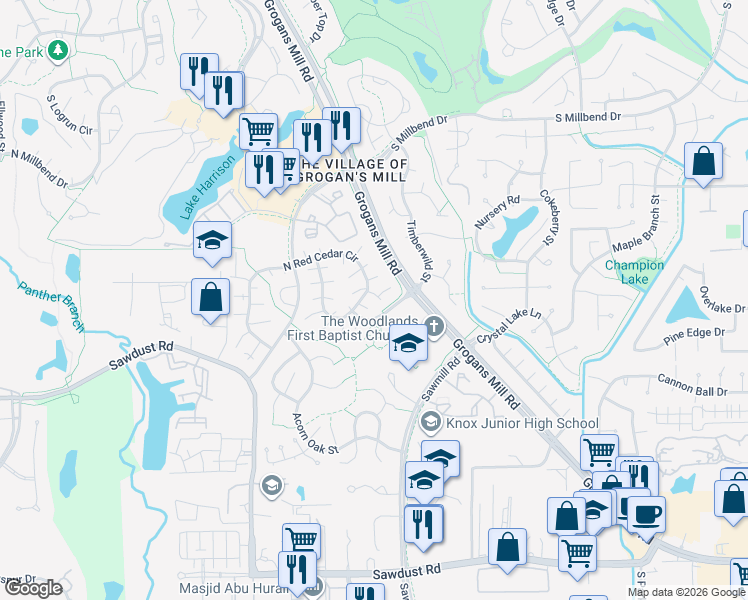 map of restaurants, bars, coffee shops, grocery stores, and more near 1703 North Red Cedar Circle in The Woodlands