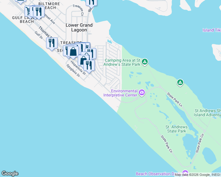 map of restaurants, bars, coffee shops, grocery stores, and more near 98 Gulf Drive in Panama City Beach
