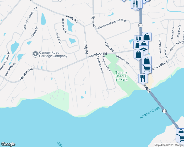 map of restaurants, bars, coffee shops, grocery stores, and more near 12767 Brady Road in Jacksonville
