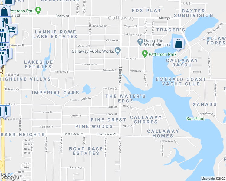 map of restaurants, bars, coffee shops, grocery stores, and more near 720 J J Drive in Panama City