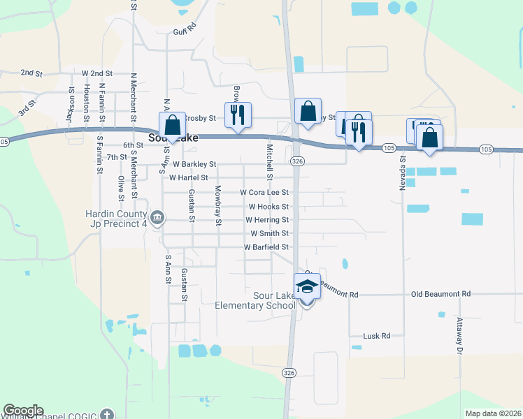 map of restaurants, bars, coffee shops, grocery stores, and more near 233 West Hooks Street in Sour Lake