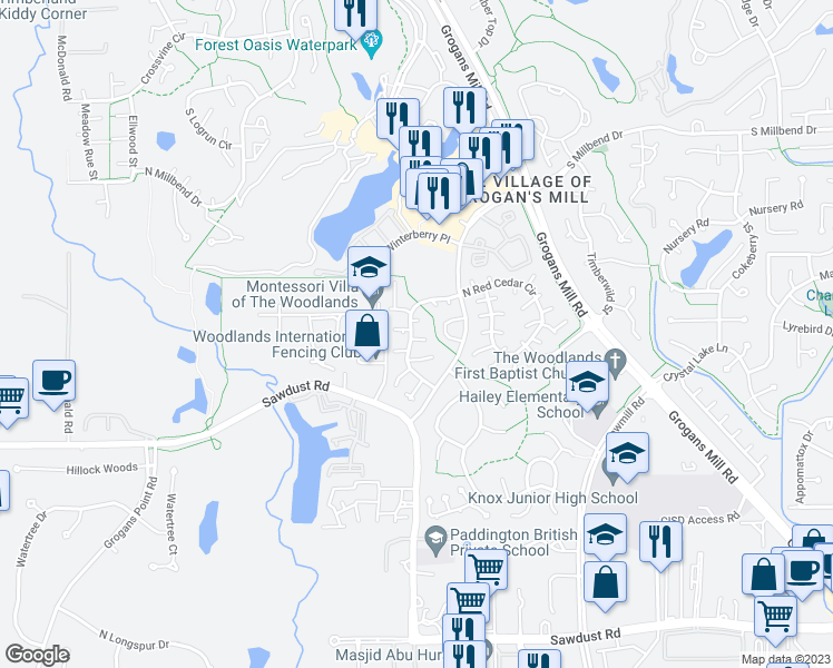map of restaurants, bars, coffee shops, grocery stores, and more near 11812 South Red Cedar Circle in Spring