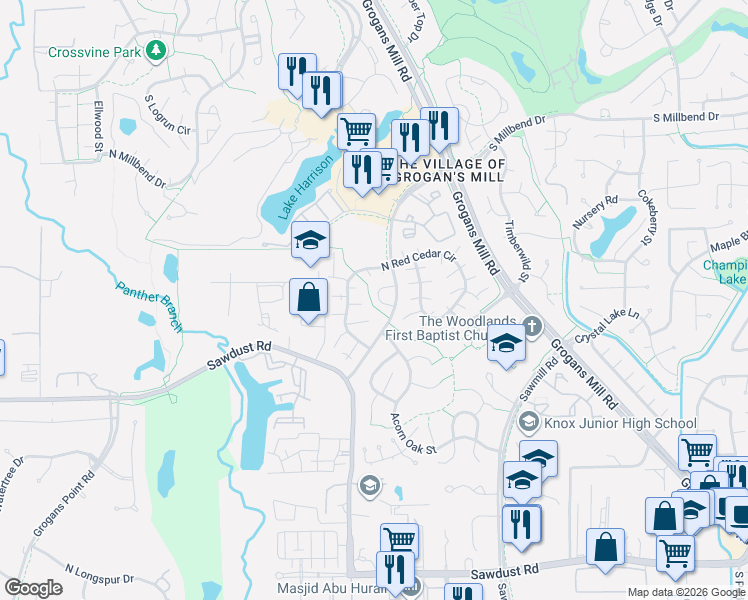 map of restaurants, bars, coffee shops, grocery stores, and more near 2702 South Millbend Drive in Spring