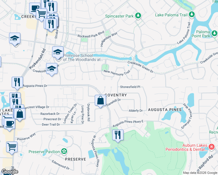 map of restaurants, bars, coffee shops, grocery stores, and more near 7602 Post Bridge Road in Spring