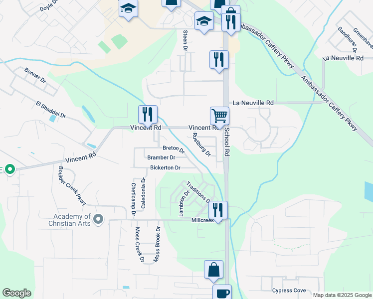 map of restaurants, bars, coffee shops, grocery stores, and more near 419 Breton Drive in Lafayette