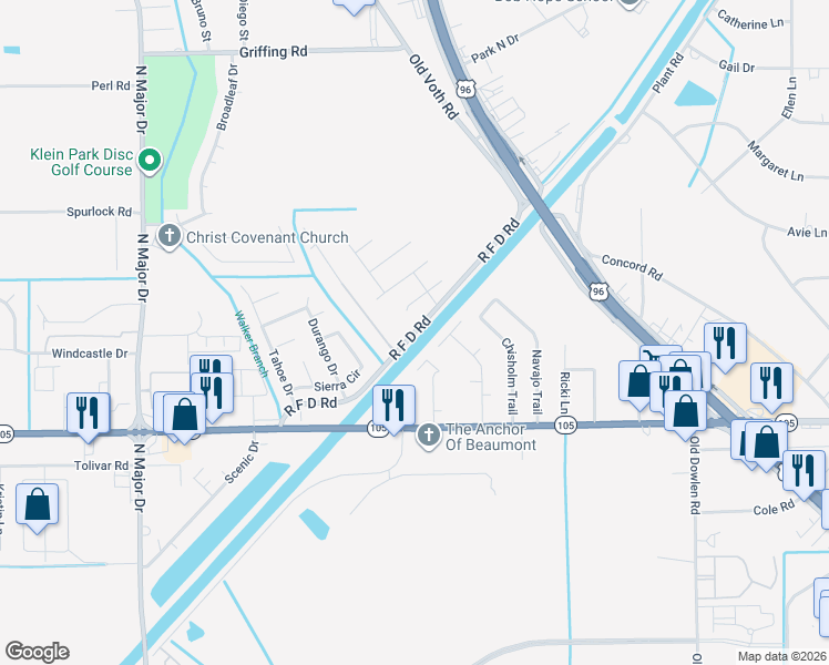 map of restaurants, bars, coffee shops, grocery stores, and more near R F D Road in Beaumont