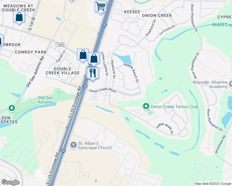 map of restaurants, bars, coffee shops, grocery stores, and more near 11000 Coral Gables Court in Austin