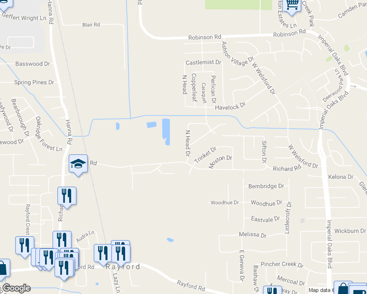map of restaurants, bars, coffee shops, grocery stores, and more near 30903 North Head Drive in Spring