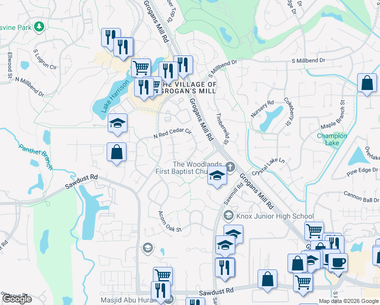 map of restaurants, bars, coffee shops, grocery stores, and more near 1703 North Red Cedar Circle in The Woodlands