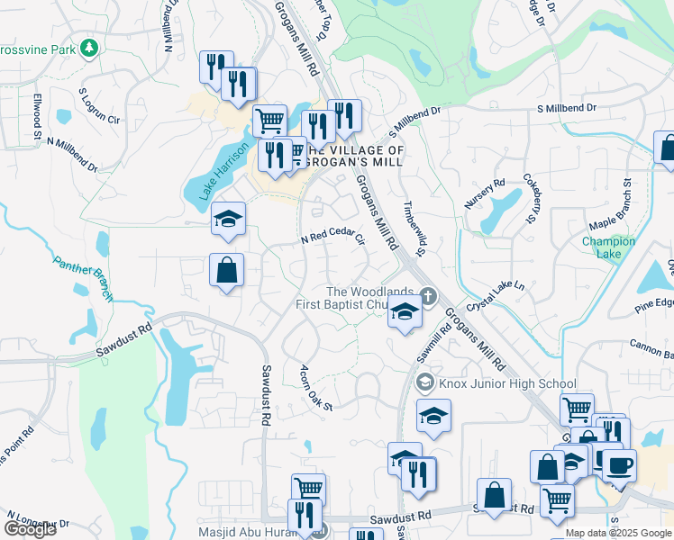 map of restaurants, bars, coffee shops, grocery stores, and more near 1201 East Red Cedar Circle in Spring