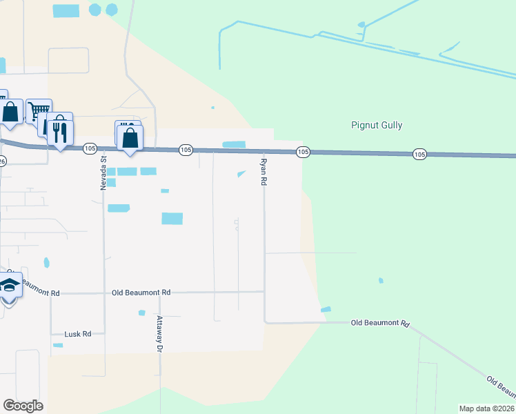 map of restaurants, bars, coffee shops, grocery stores, and more near 520 Ryan Road in Sour Lake