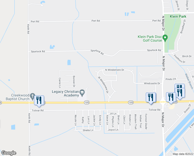 map of restaurants, bars, coffee shops, grocery stores, and more near 6220 West Windemere Drive in Beaumont