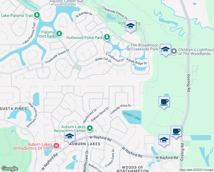 map of restaurants, bars, coffee shops, grocery stores, and more near 25423 Auburn Bend Drive in Spring