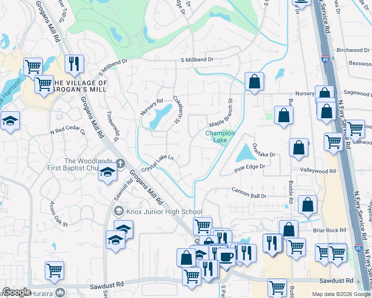 map of restaurants, bars, coffee shops, grocery stores, and more near 31 Maple Branch Street in Spring