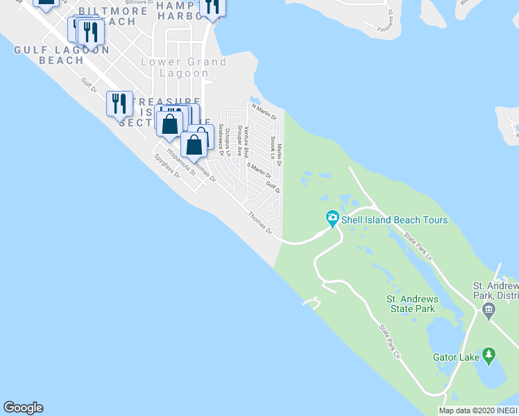 map of restaurants, bars, coffee shops, grocery stores, and more near 98 Gulf Drive in Panama City Beach