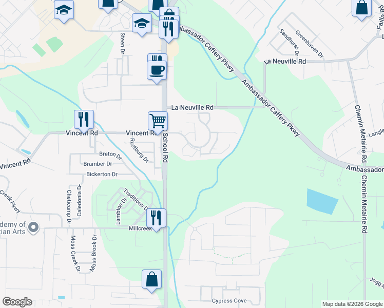 map of restaurants, bars, coffee shops, grocery stores, and more near 131 Ambiance Circle in Lafayette