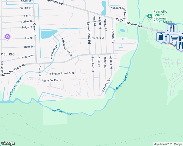 map of restaurants, bars, coffee shops, grocery stores, and more near 12766 Beaubien Road in Jacksonville