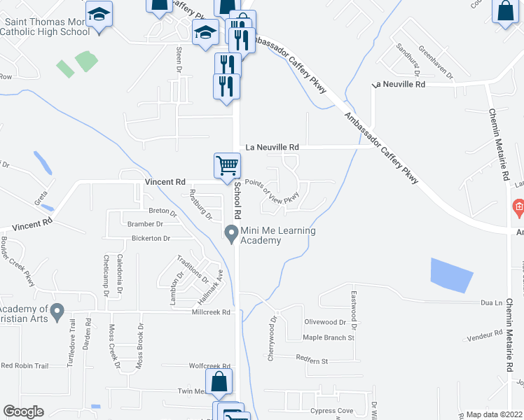 map of restaurants, bars, coffee shops, grocery stores, and more near 116 Ambiance Circle in Lafayette