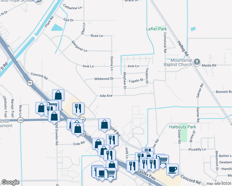 map of restaurants, bars, coffee shops, grocery stores, and more near 5160 Ada Avenue in Beaumont