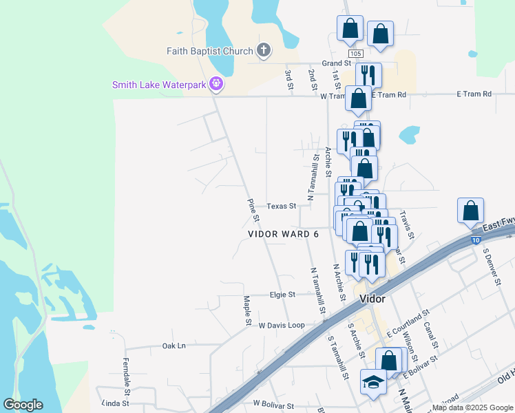 map of restaurants, bars, coffee shops, grocery stores, and more near 485 Texas Street in Vidor
