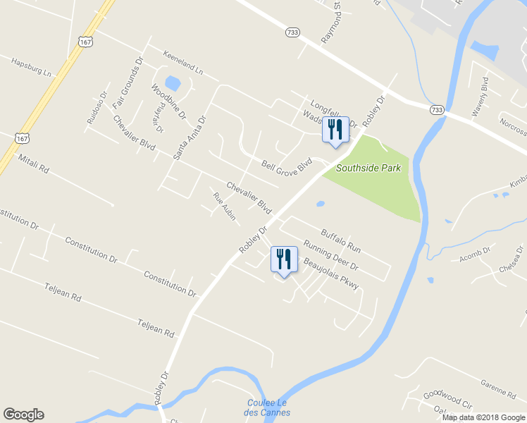 map of restaurants, bars, coffee shops, grocery stores, and more near 105 Chevalier Boulevard in Lafayette