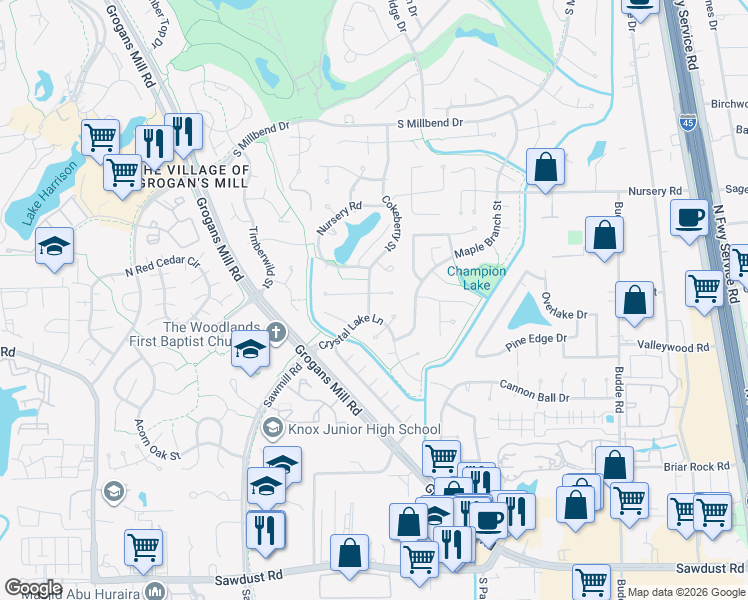 map of restaurants, bars, coffee shops, grocery stores, and more near 19 Berryfrost Lane in Spring