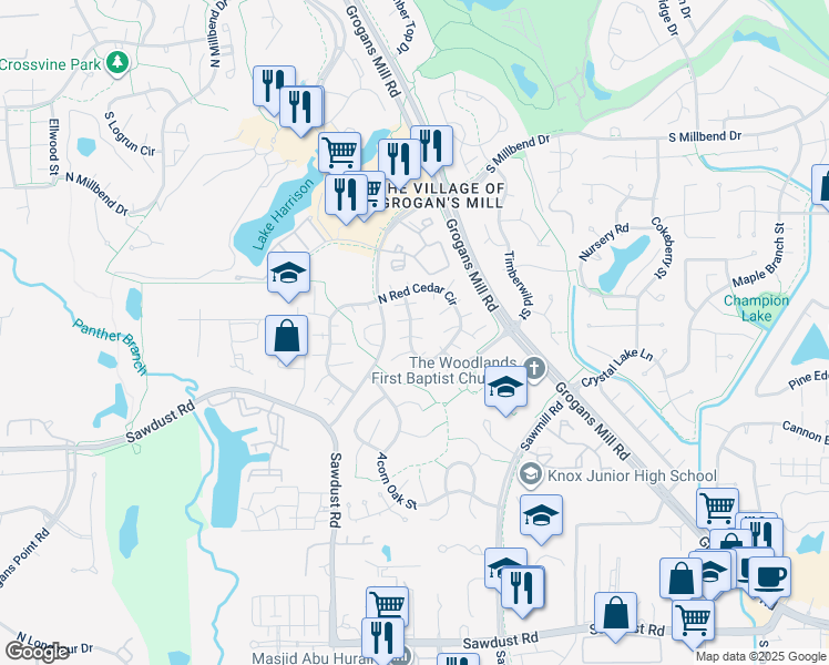 map of restaurants, bars, coffee shops, grocery stores, and more near 1201 East Red Cedar Circle in Spring