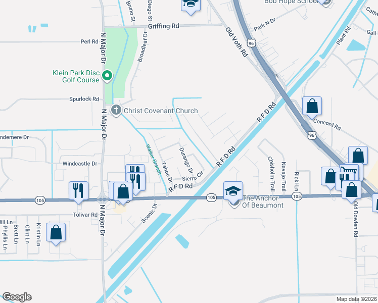 map of restaurants, bars, coffee shops, grocery stores, and more near 6890 Vegas Lane in Beaumont