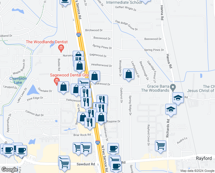 map of restaurants, bars, coffee shops, grocery stores, and more near 214 Oakwood Drive in Spring