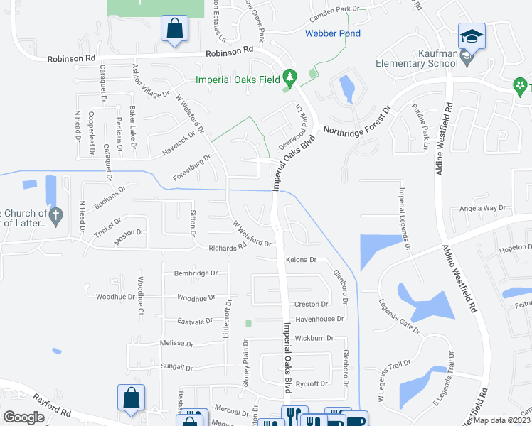 map of restaurants, bars, coffee shops, grocery stores, and more near 30710 Melcrest Estates Drive in Spring