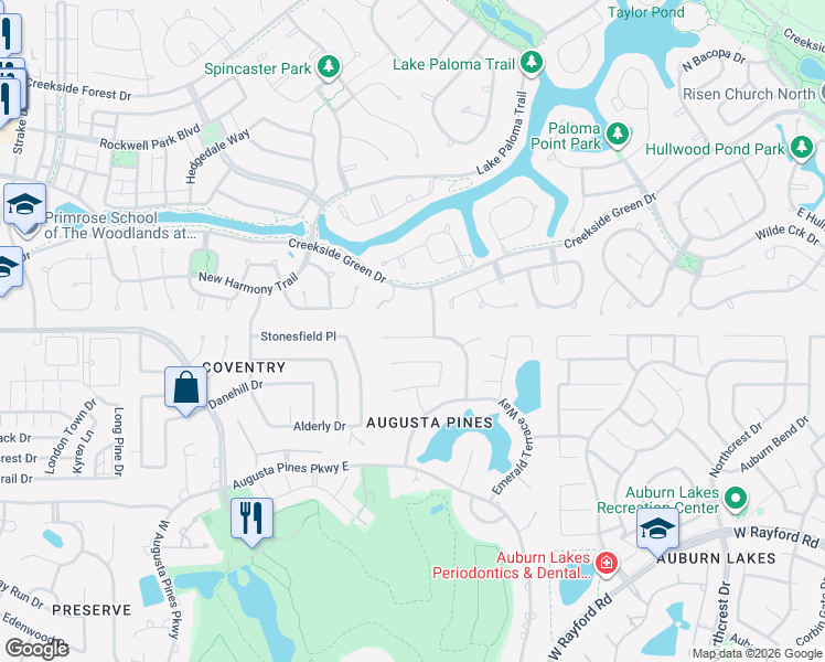 map of restaurants, bars, coffee shops, grocery stores, and more near 7202 Diamond Falls Lane in Spring