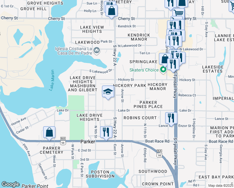 map of restaurants, bars, coffee shops, grocery stores, and more near 543 South Highway 22 A in Panama City