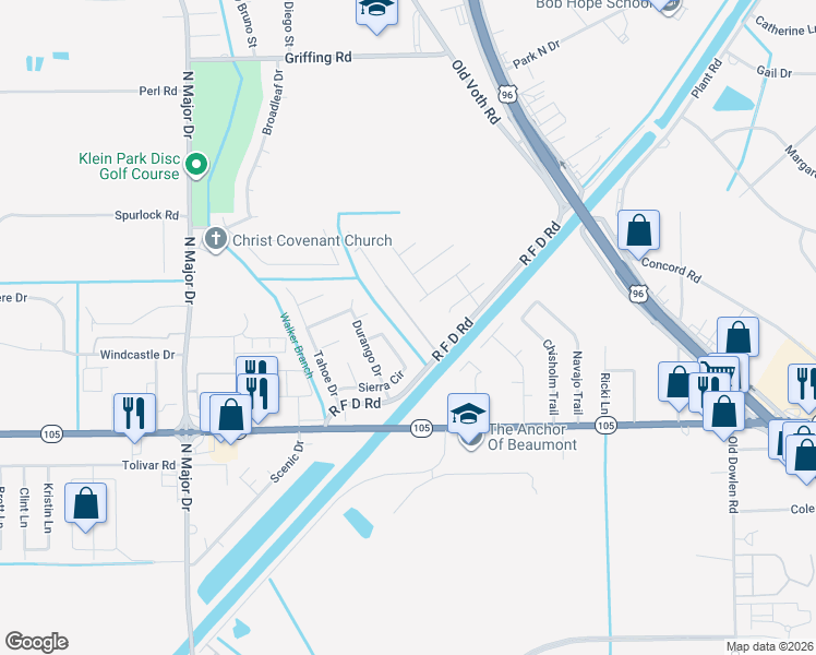 map of restaurants, bars, coffee shops, grocery stores, and more near 6375 Highpoint Avenue in Beaumont