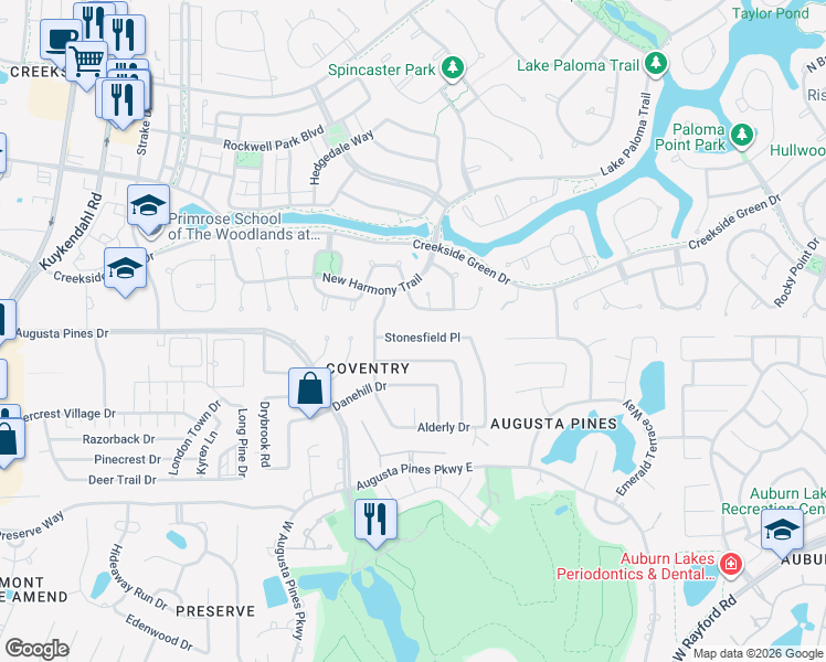 map of restaurants, bars, coffee shops, grocery stores, and more near 7503 Stonesfield Place in Spring
