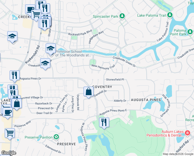 map of restaurants, bars, coffee shops, grocery stores, and more near 7602 Post Bridge Road in Spring