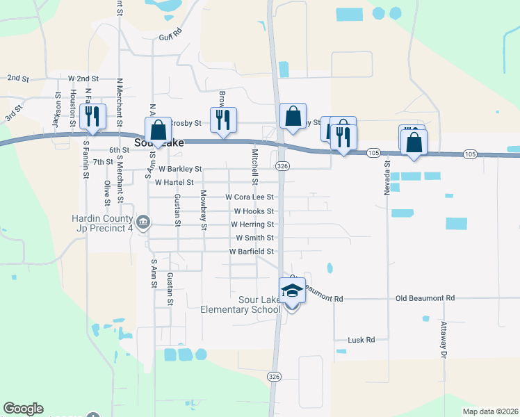 map of restaurants, bars, coffee shops, grocery stores, and more near 233 West Hooks Street in Sour Lake