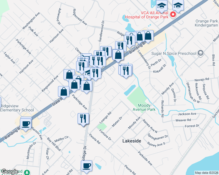 map of restaurants, bars, coffee shops, grocery stores, and more near 973 Dostie Circle in Orange Park