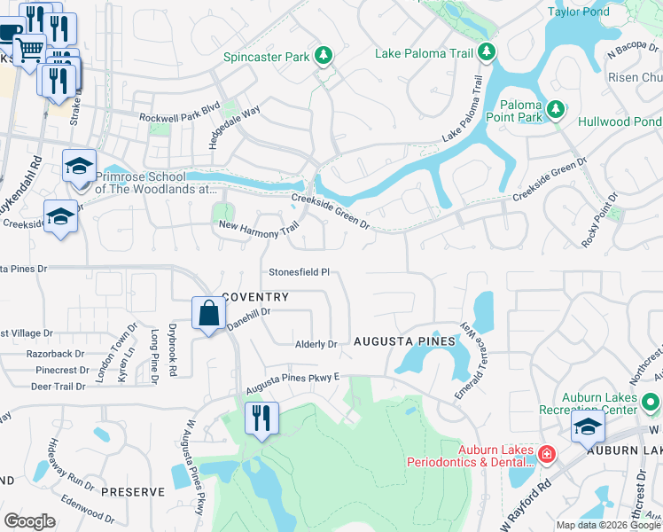map of restaurants, bars, coffee shops, grocery stores, and more near 7410 Stonesfield Place in Spring