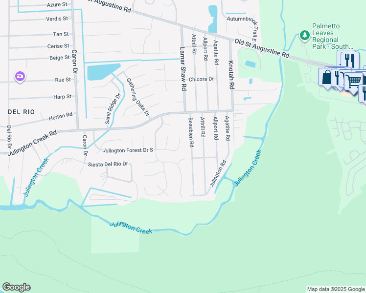 map of restaurants, bars, coffee shops, grocery stores, and more near 12766 Beaubien Road in Jacksonville