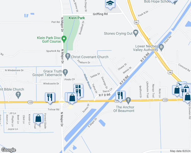 map of restaurants, bars, coffee shops, grocery stores, and more near 6965 Salida Lane in Beaumont