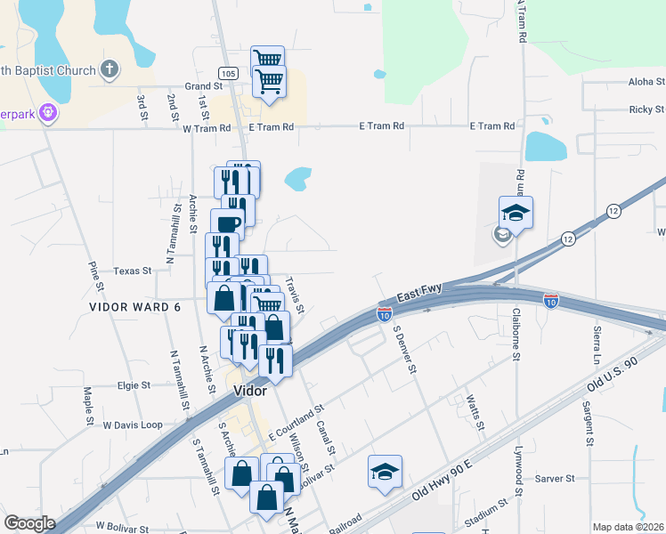 map of restaurants, bars, coffee shops, grocery stores, and more near 494 Moore Drive in Vidor
