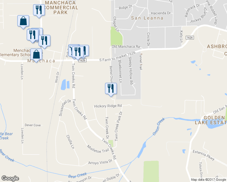 map of restaurants, bars, coffee shops, grocery stores, and more near 12303 Bethel Church Road in Manchaca