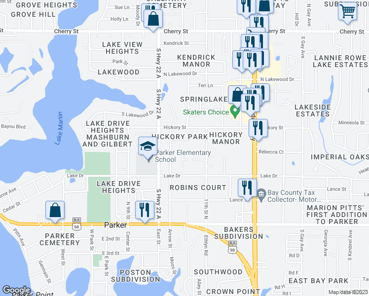 map of restaurants, bars, coffee shops, grocery stores, and more near 5137 Marla Drive in Panama City