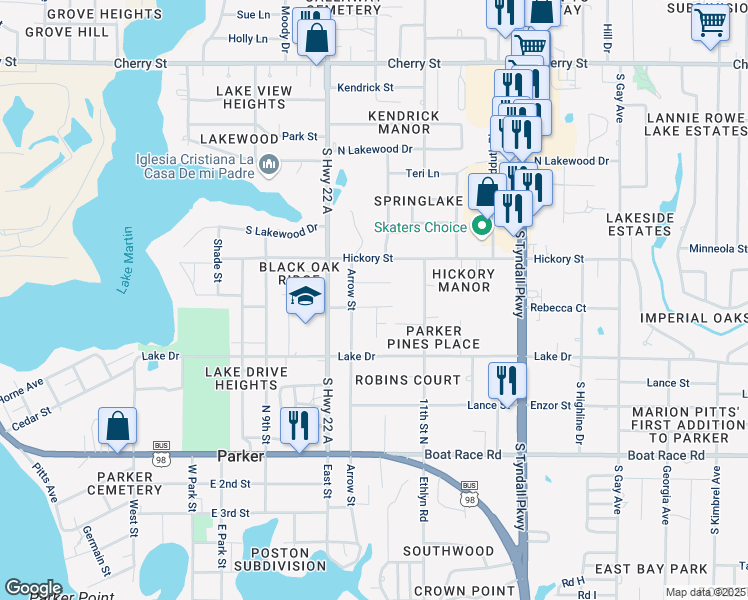 map of restaurants, bars, coffee shops, grocery stores, and more near 5121 Marla Drive in Panama City
