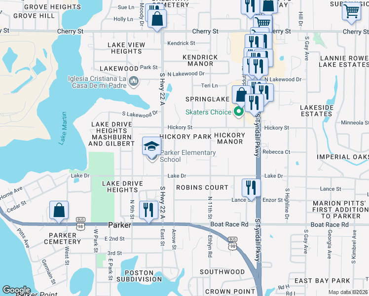 map of restaurants, bars, coffee shops, grocery stores, and more near 5121 Marla Drive in Panama City