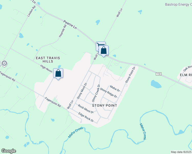 map of restaurants, bars, coffee shops, grocery stores, and more near 105 High Ridge Drive in Bastrop County