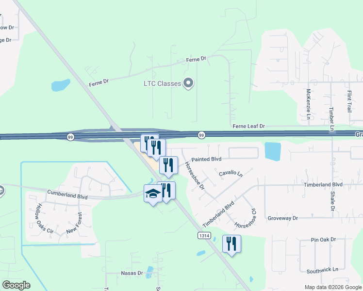 map of restaurants, bars, coffee shops, grocery stores, and more near 19049 Hammer Lane in Porter