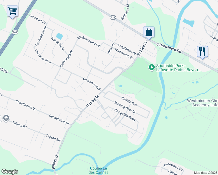 map of restaurants, bars, coffee shops, grocery stores, and more near 2337 Robley Drive in Lafayette