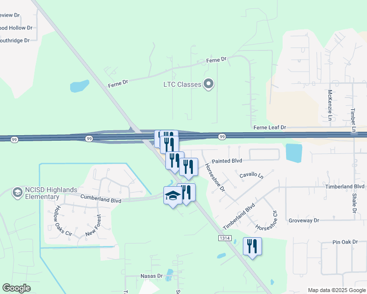 map of restaurants, bars, coffee shops, grocery stores, and more near 19013 Hammer Lane in Porter