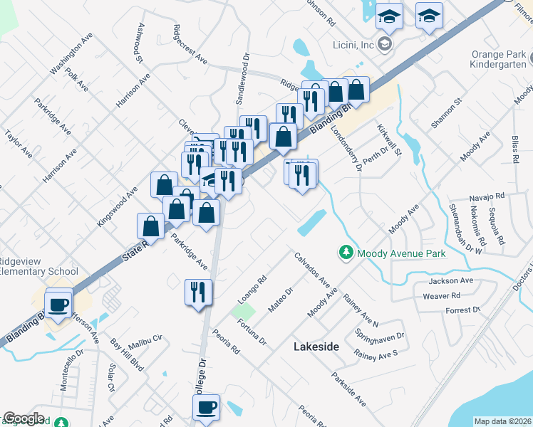 map of restaurants, bars, coffee shops, grocery stores, and more near 973 Dostie Circle in Orange Park